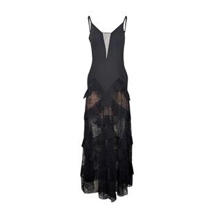 BCBGMAXAZRIA Avaline pleated lace gown. Black lace tiered maxi dress, sheer legs